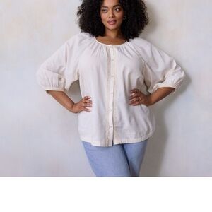 Women's LC Cream Button-Up Top Raglan Peasant Floral‎